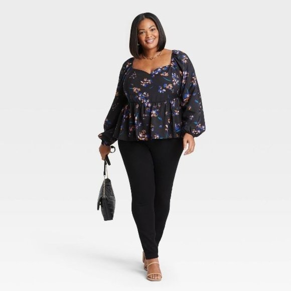 Ava & Viv Women's Top Size 3X Black Peplum Floral Print Long Sleeve Plus New - Picture 3 of 8